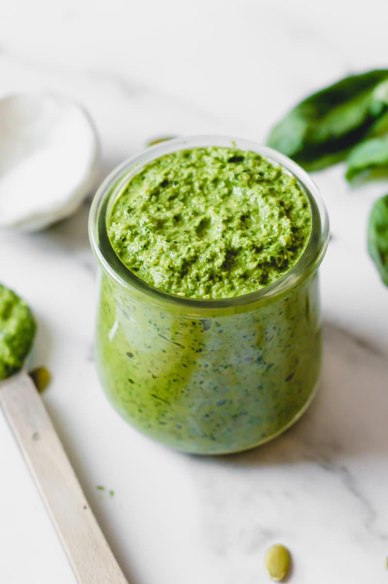 vegan pesto without nuts in a glass jar