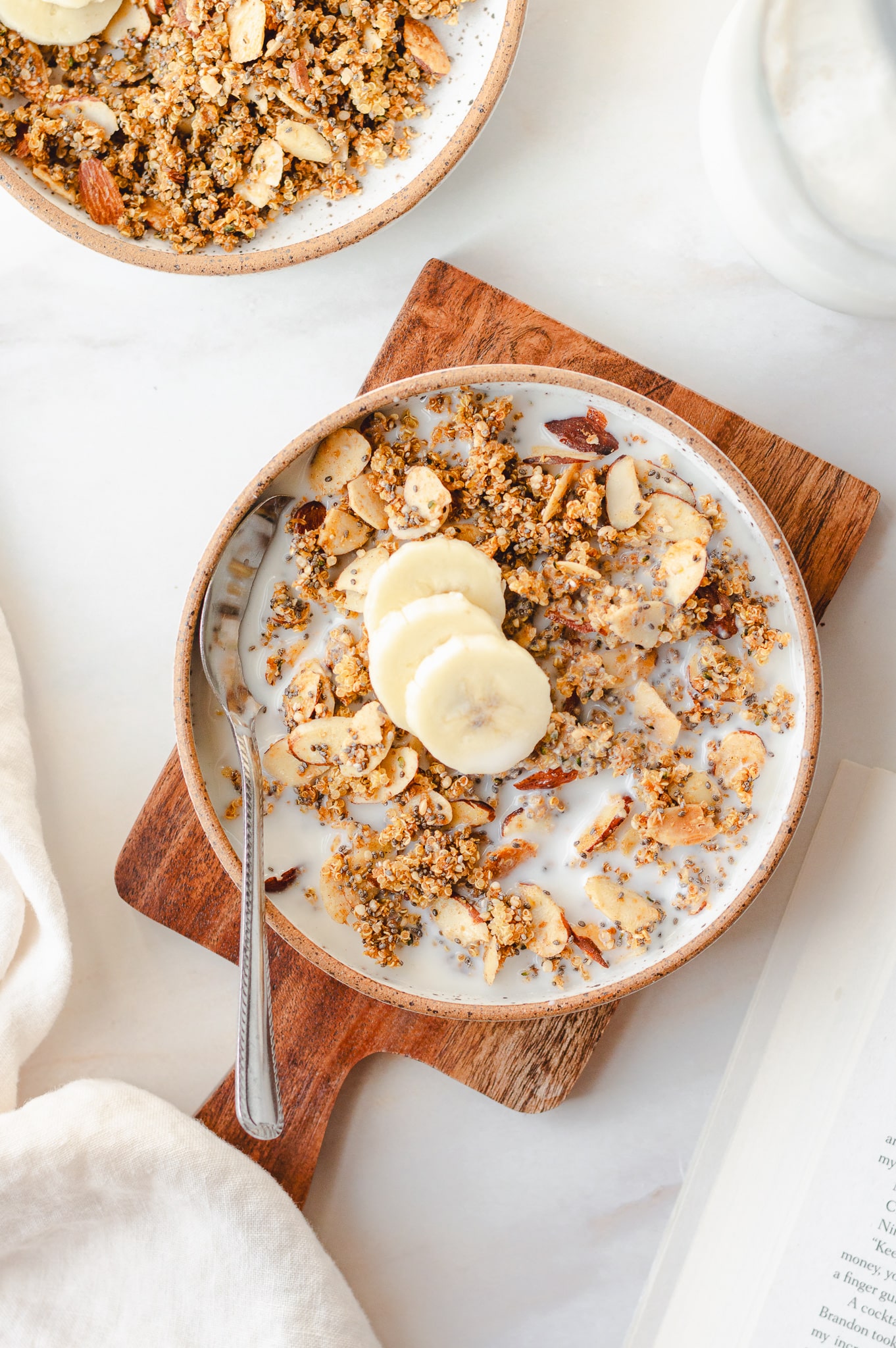 homemade healthy cereal with quinoa, superfoods, and almond milk