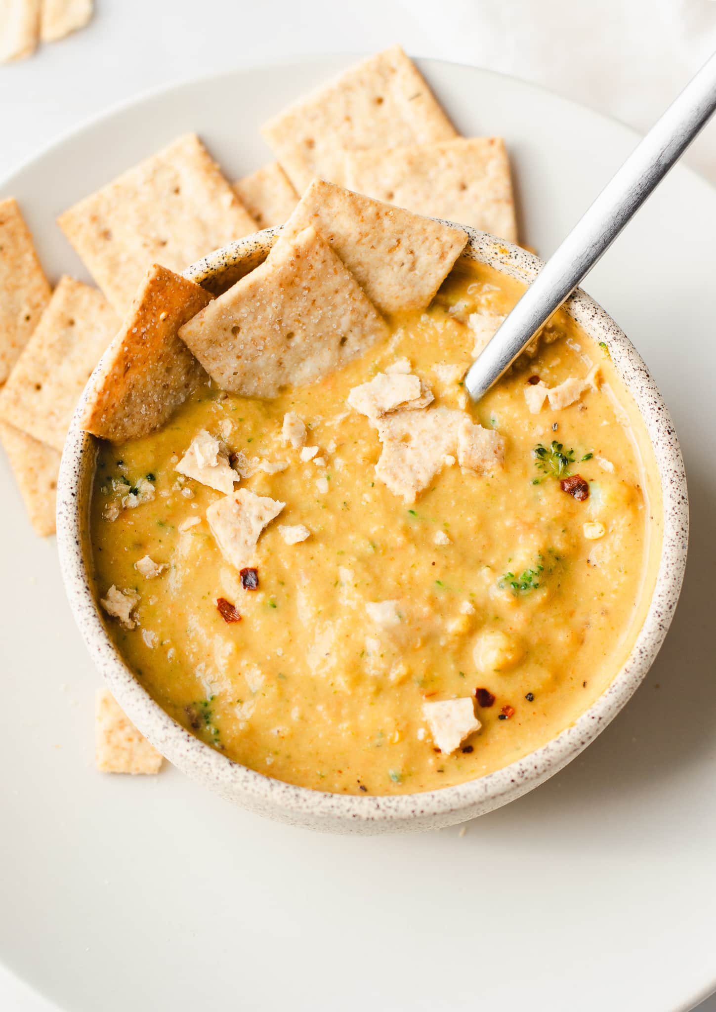 vegan broccoli cheddar soup with crackers 