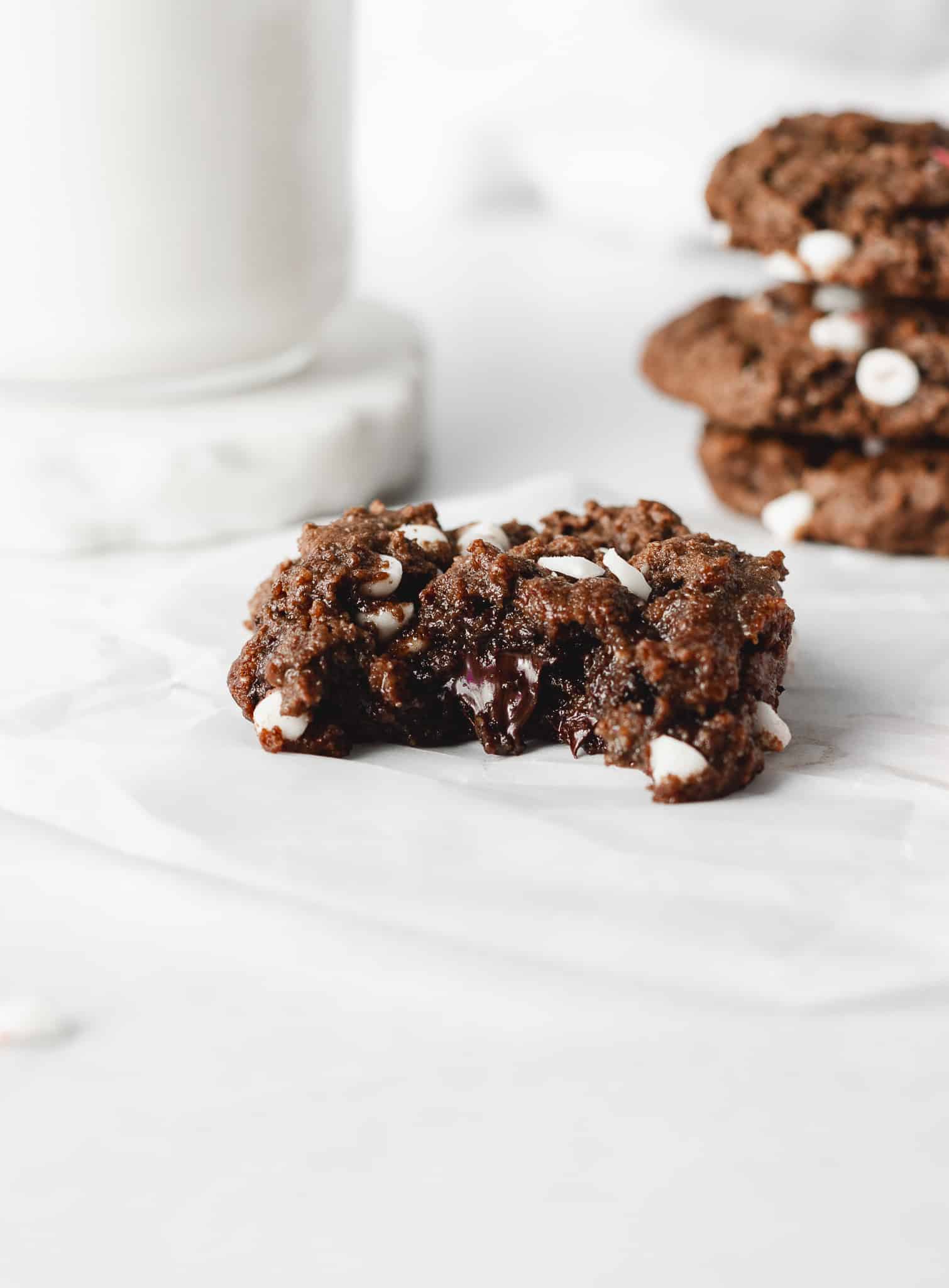 triple chocolate peppermint cookie with chocolate oozing out