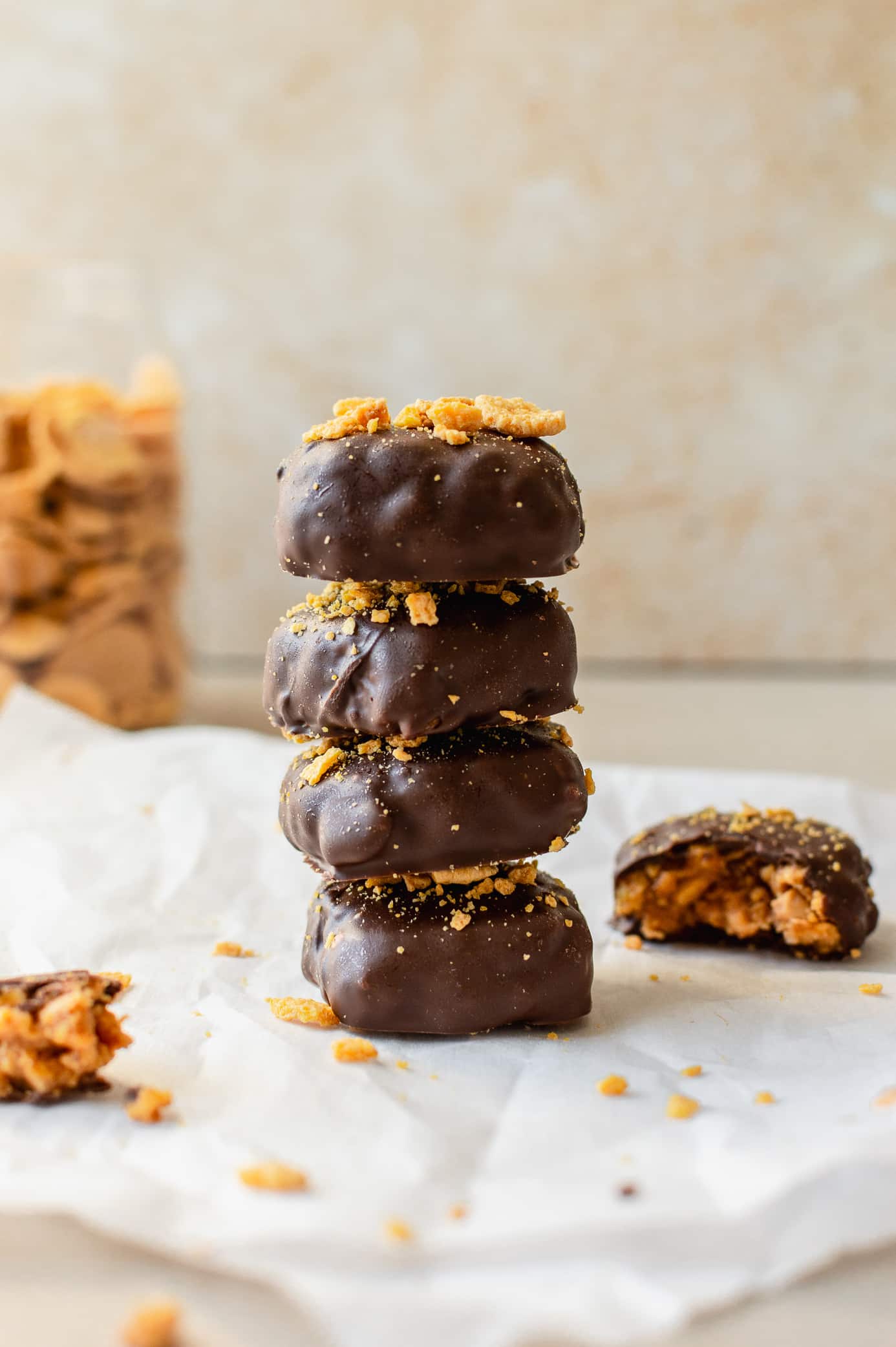 Stack of homemade vegan Butterfingers coated in chocolate