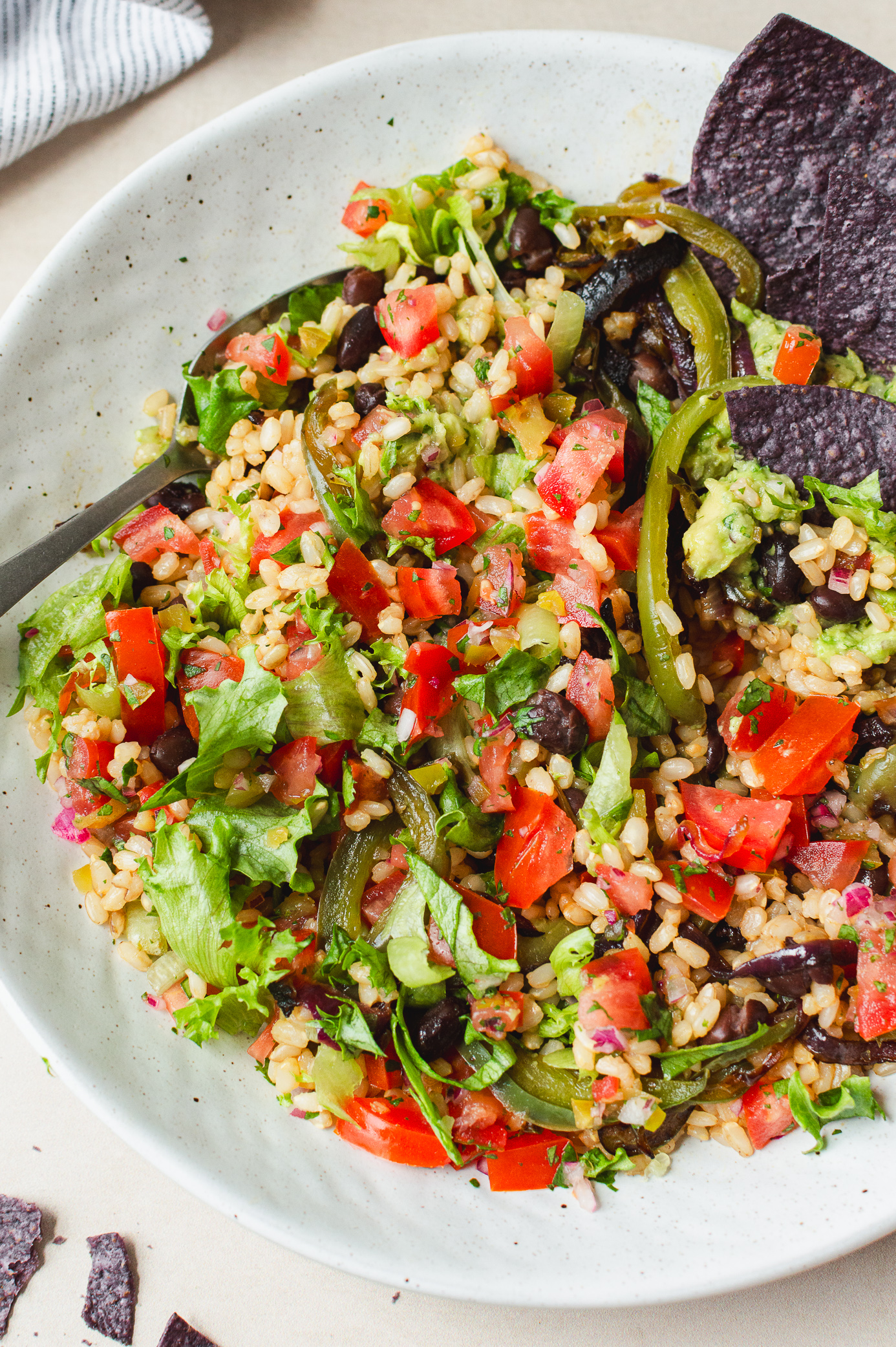 Close-up of a colorful veggie burrito bowl with grilled vegetables, black beans, fresh pico de gallo, guacamole, and brown rice.