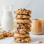 tall stack of vegan gluten free monster cookies