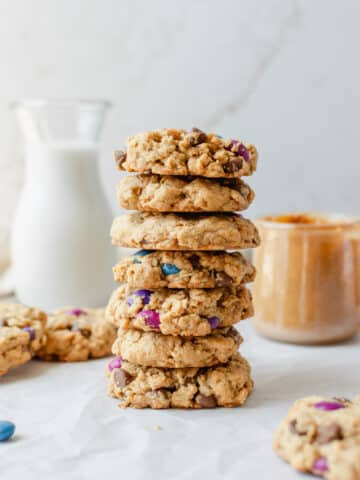 tall stack of vegan gluten free monster cookies