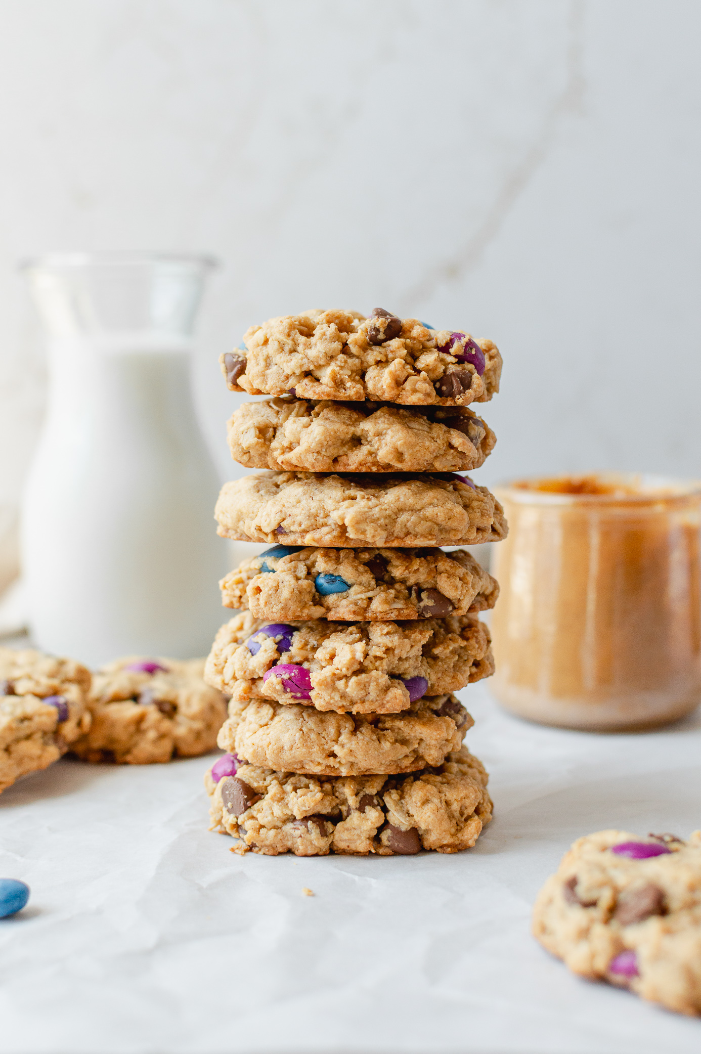 tall stack of vegan gluten free monster cookies