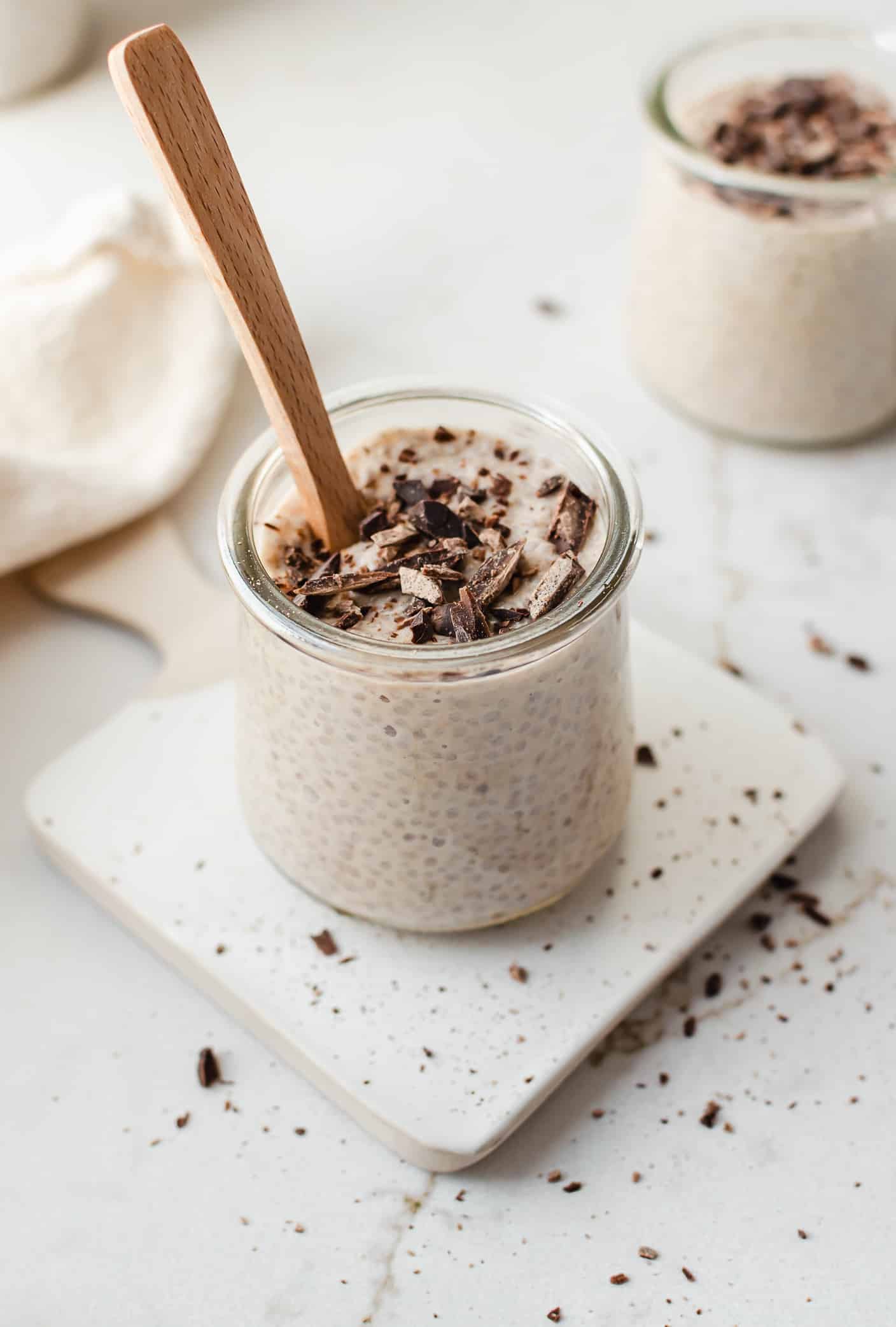 cookie dough chia pudding topped with dark chocolate chunks