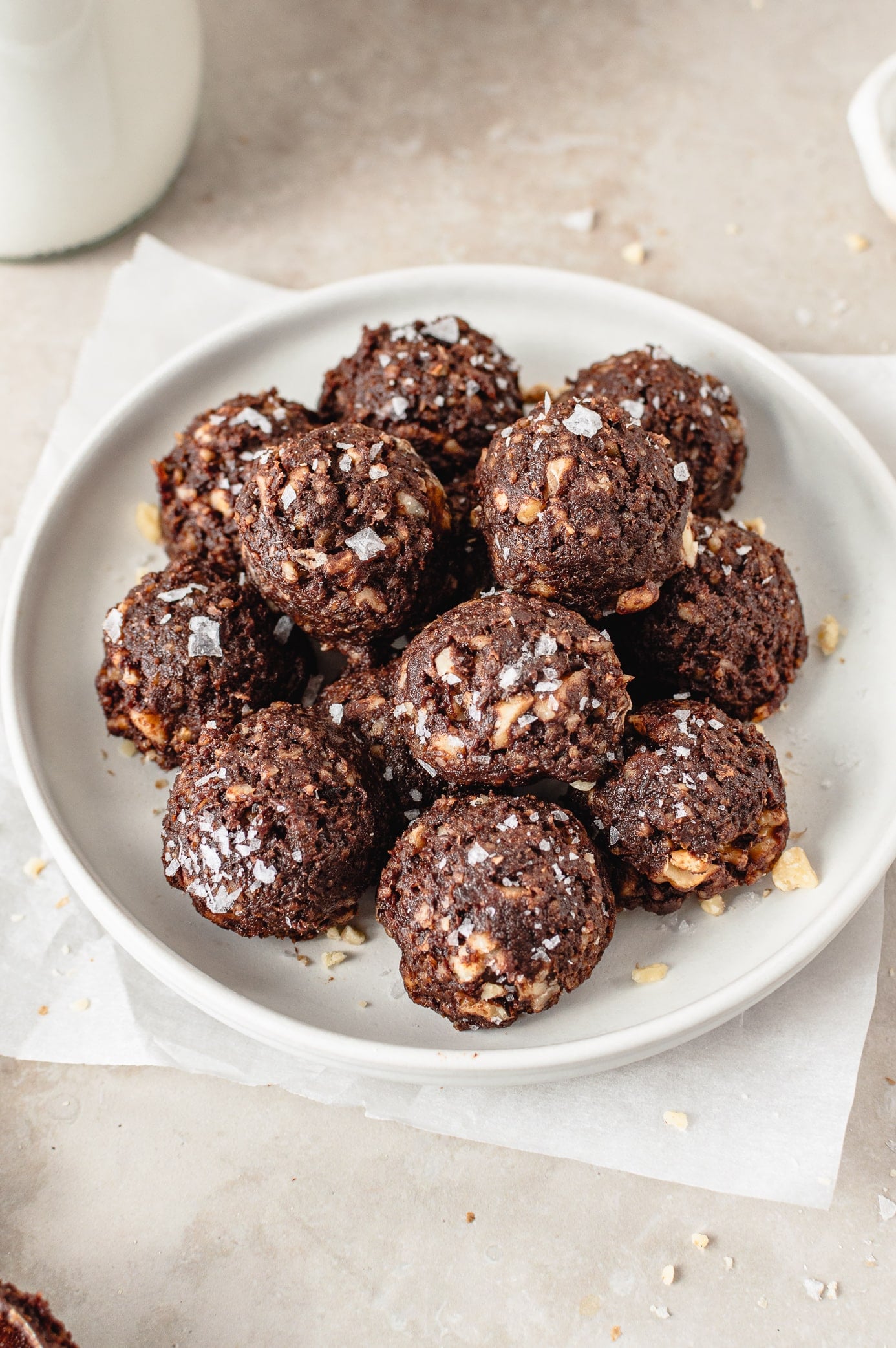 no bake date brownie bites with toasted walnuts and sea salt